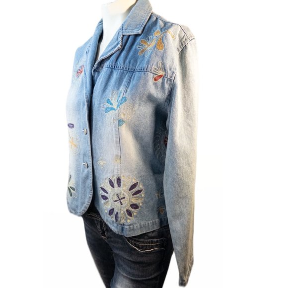 Clio Womens Size 12 Denim Jacket Vintage Floral Embroidered Light Wash Retro - Picture 2 of 9